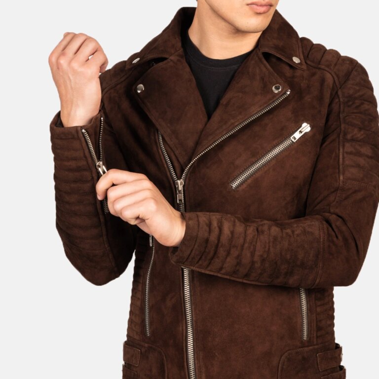 Mens Armand Mocha Suede Biker Jacket Close-Up-9-1720094990143